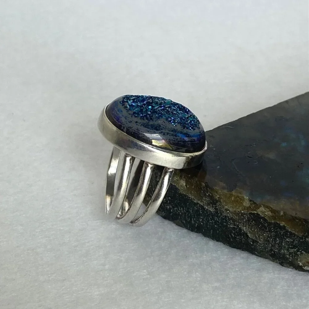 Sterling Silver 925 India Oval Blue Titanium Druzy Triple Band Ring Sz 7